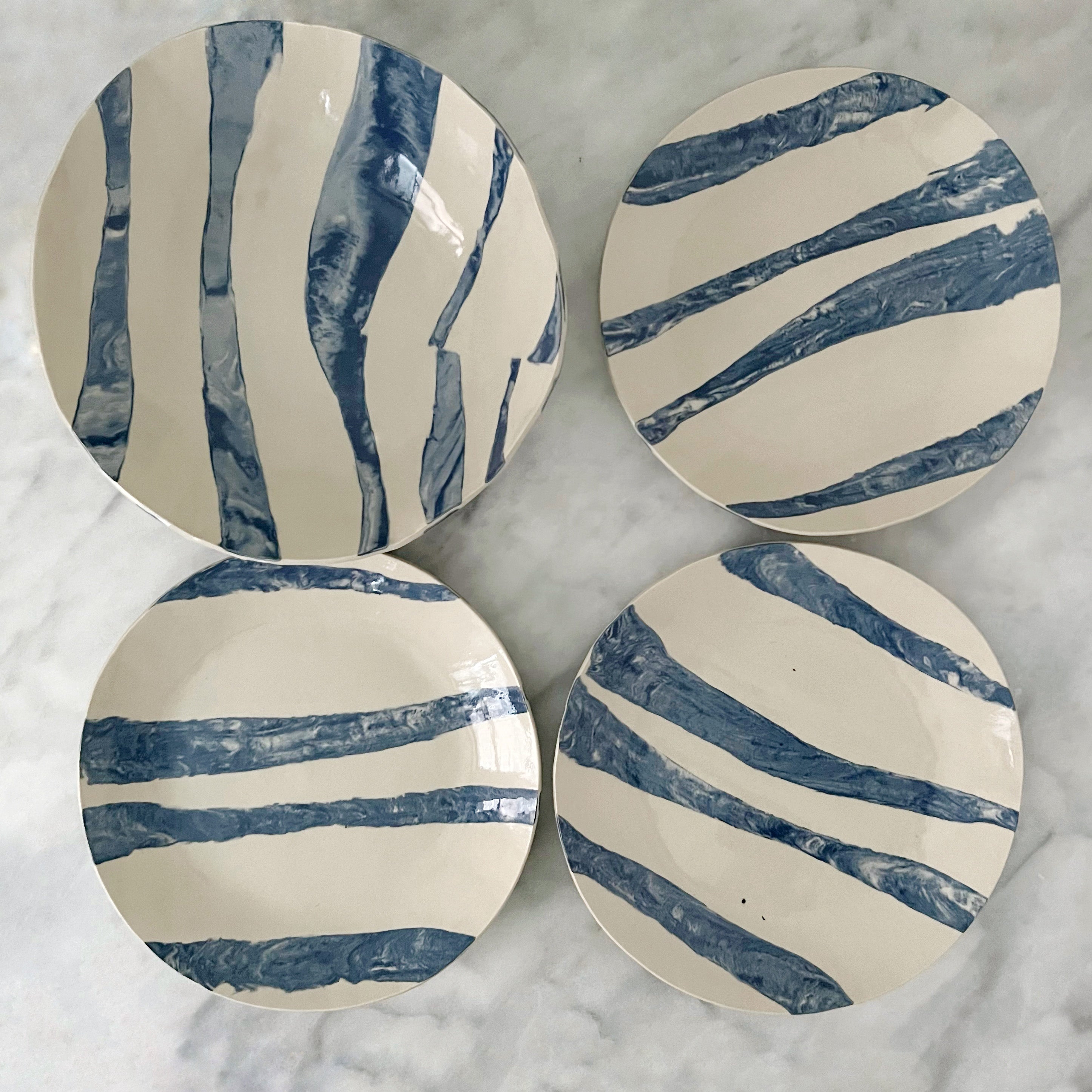 Handmade ceramic blue and off white salad bowl and plate set